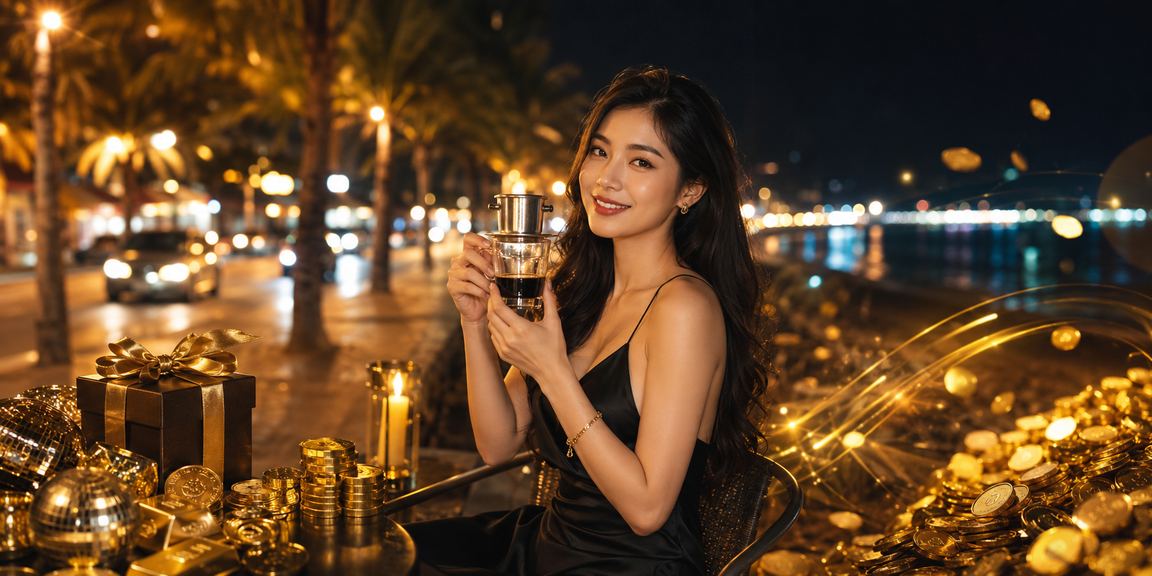 Người dùng tại Phan Thiết xem thông tin hoàn tiền và ưu đãi cashback trên điện thoại bên ly cà phê