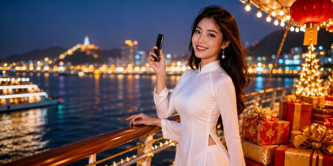 Người dùng Vũng Tàu xem kèo thể thao qua điện thoại di động với trang phục áo dài